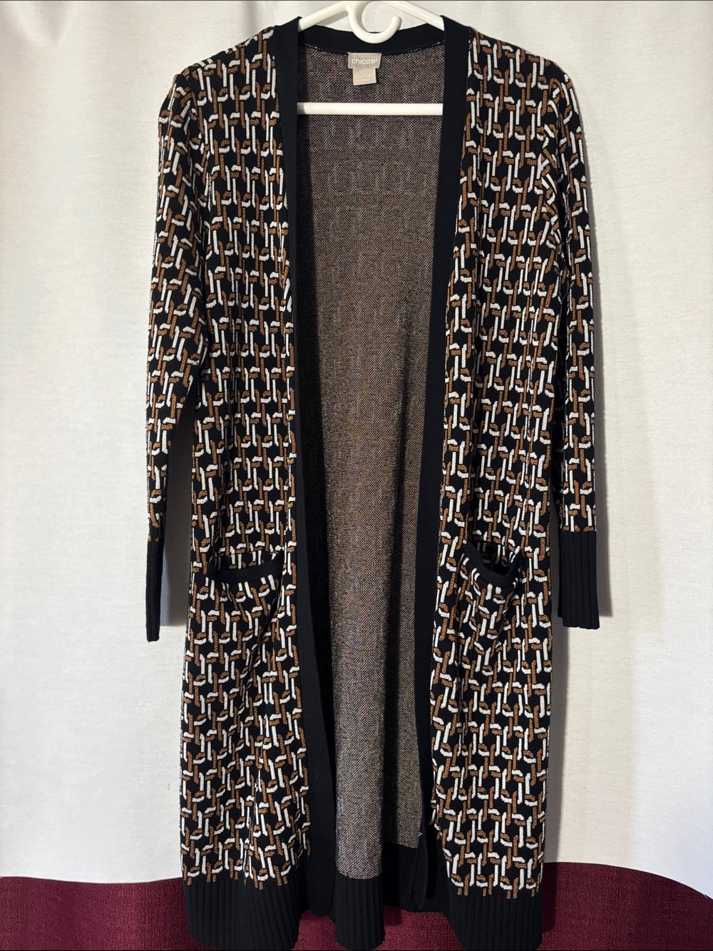 Chico's Black, Brown & Cream Geometric Long Open Cardigan